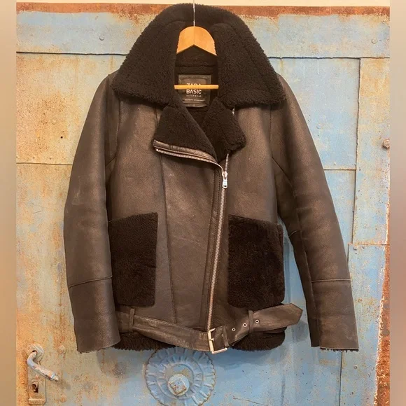 Zara Black Leather Shearling Jacket - Picture 2 of 6
